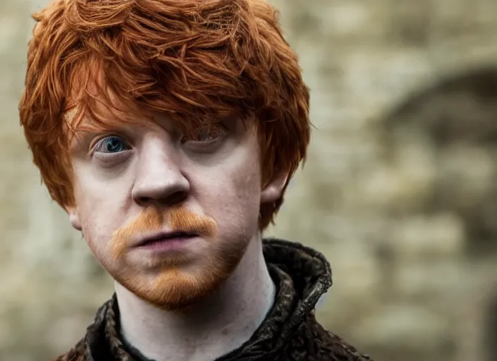 Image similar to ron weasley as thehnellor in game of thrones, rupert grint as thehnellor in game of thrones, handsome portrait of the actor, live action film, cinematic photo, clear hd image