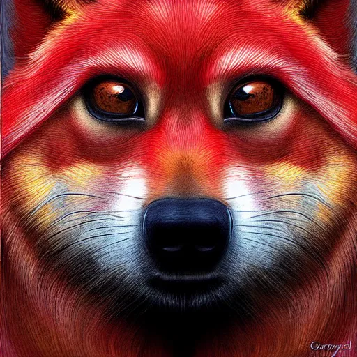 Image similar to zoomorphic a red face wolf, pepe the frog like face, digital painting, ultra sharp, by gary cook