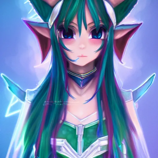 Image similar to adorable young cute anime elf girl, long black hair, detailed fantasy armor, smooth face. beautiful spark eyes. beautiful lineart. concept art adoptable, centered, chromatic aberration, noise, soft lighting, srgb, 4 k, cinematic