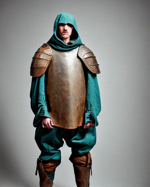 Prompt: an award - winning photo of a ancient male model wearing a plain baggy teal distressed medieval designer menswear cloth jacket slightly inspired by medieval armour designed by kanye west, 4 k, studio lighting, wide angle lens