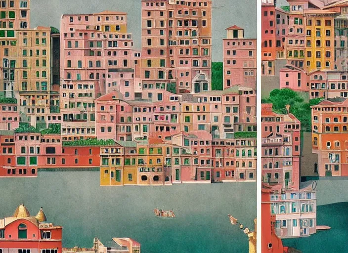 Image similar to symmetry!! italian city, a beautiful painting representative of the art style of wes anderson and spike jonze