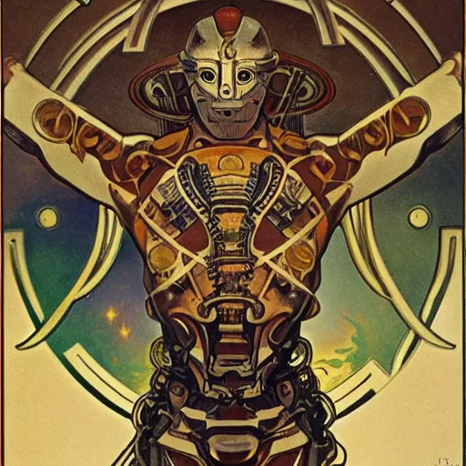 Image similar to majestic, hulking albino clone with engineering diagram tattoos on forehead and rough features, angular steel power armor carved with geometric aztec art deco patterns, on battlefield with strange coiled, spiral clouds, 1 9 7 0 s science fiction concept art photograph by deak ferrand, alphonse mucha, greg rutkowski and carvaggio