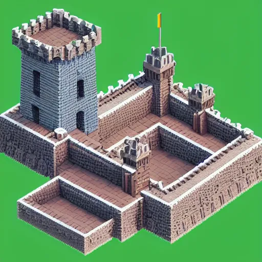 Image similar to isometric castle with moat and drawbridge under siege, isometric voxel art, magicavoxel, cgsociety, artstation