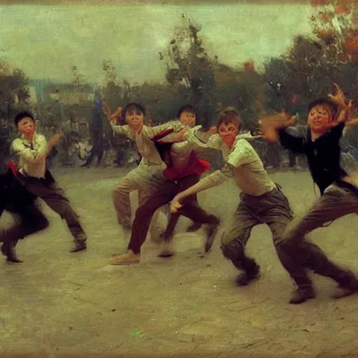 Image similar to a group of teenage boys doing TikTok dances. Ilya Repin and Ruan Jia.