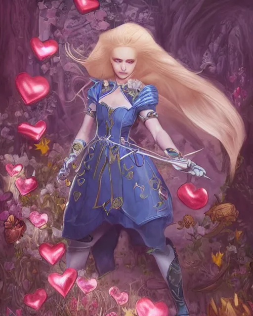 Prompt: Alice in wonderland as Malenia Blade of Miquella, Elden ring aesthetic, blond hair, wearing armor, falling hearts, flowers, artgerm, WLOP, Ross Tran