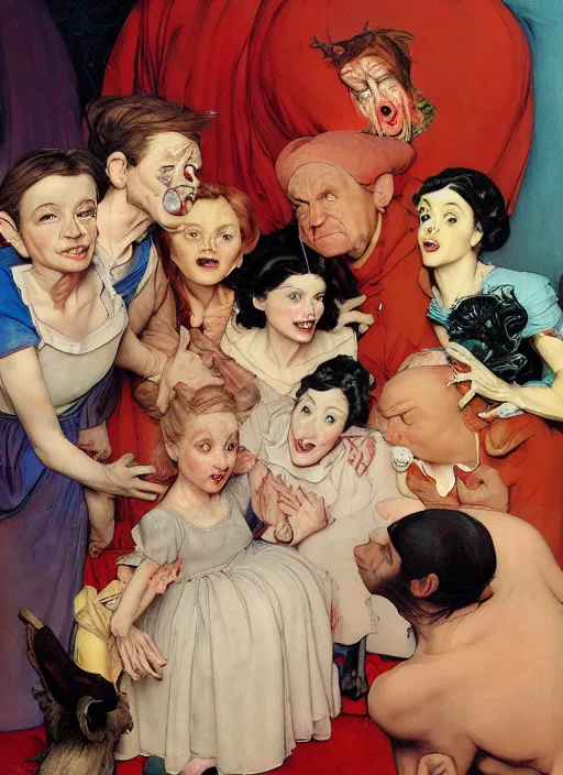 Prompt: realistic detailed image of Snow white and the seven dwarfs in the style of Francis Bacon, Surreal, Norman Rockwell and James Jean, Greg Hildebrandt, and Mark Brooks, triadic color scheme, By Greg Rutkowski, in the style of Francis Bacon and Syd Mead and Edward Hopper and Norman Rockwell and Beksinski, open ceiling, highly detailed, painted by Francis Bacon, painted by James Gilleard, surrealism, airbrush, Ilya Kuvshinov, WLOP, Stanley Artgerm, very coherent, art by Takato Yamamoto and James Jean