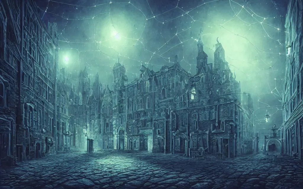 Image similar to An (18th century) (lovecraftian) gothic city at night with a star filled sky. (Greasy) blue luminescent cables are emerging from cracks on the ground. Highly detailed, digital art, smooth, sharp focus, illustration, octane render, vivid colors, concept art, low angle shot, super wide shot, ((fish eye)), 4k.