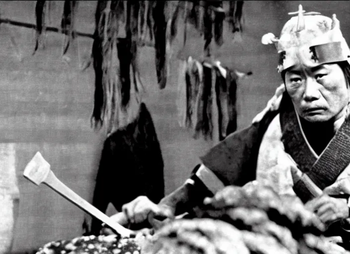 Image similar to a movie still of a samurai slicing a loaf of bread, a movie by Akira Kurosawa