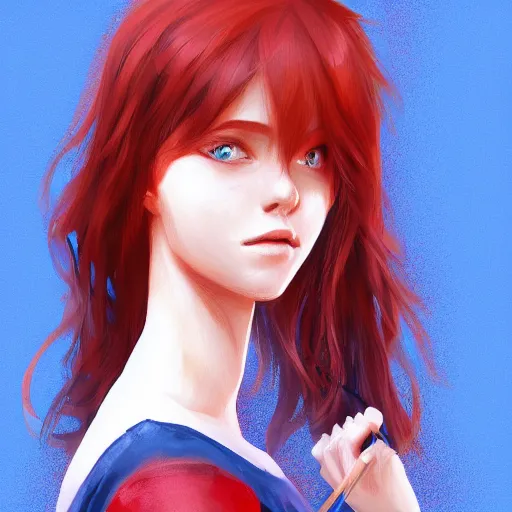 Image similar to a girl wearing casual clothes, red hair, blue eyes, highly detailed, digital painting, artstation, concept art, smooth, sharp focus, illustration