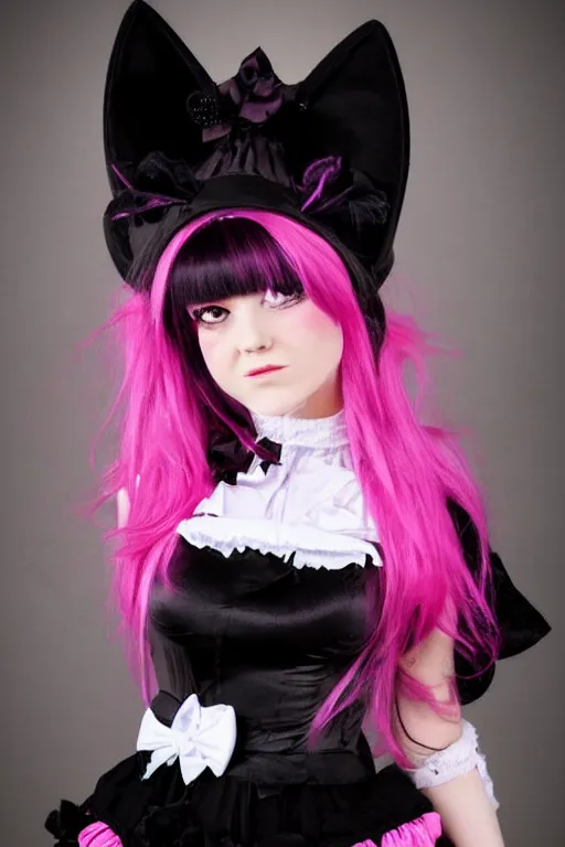 Image similar to Catgirl with black fur, pink hair, and pink eyes in Gothic Lolita maid costume wearing small top hat