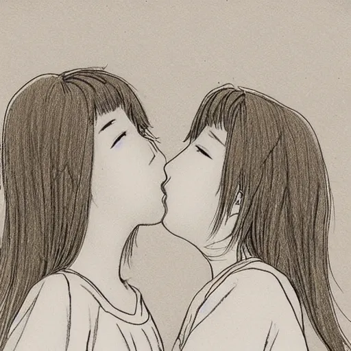 Image similar to portrait of two girls kissing, detailed manga art