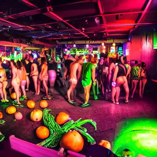 Prompt: a photo of a very weird nightclub. fat men in swimsuits and giant fruit and vegetables all over the floor.