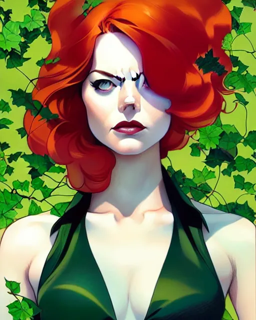 Image similar to joshua middleton, phil noto, artgerm, emma stone poison ivy dc comics, vines, symmetrical eyes, city rooftop