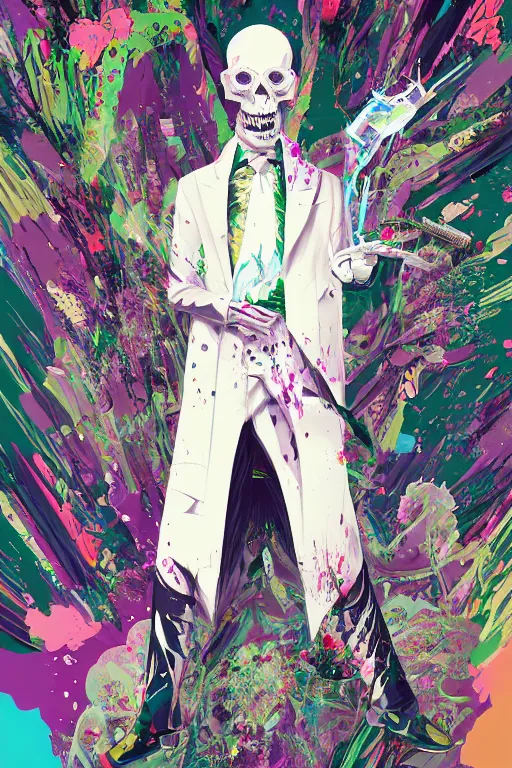 Image similar to wealthy male half necromancer, made of white gucci fabric, otherwordly forest, pixiv fanbox, dramatic lighting, maximalist pastel color palette, splatter paint, pixar and disney exploded - view drawing, graphic novel by fiona staples and dustin nguyen, peter elson, alan bean, clean cel shaded vector art, trending on artstation