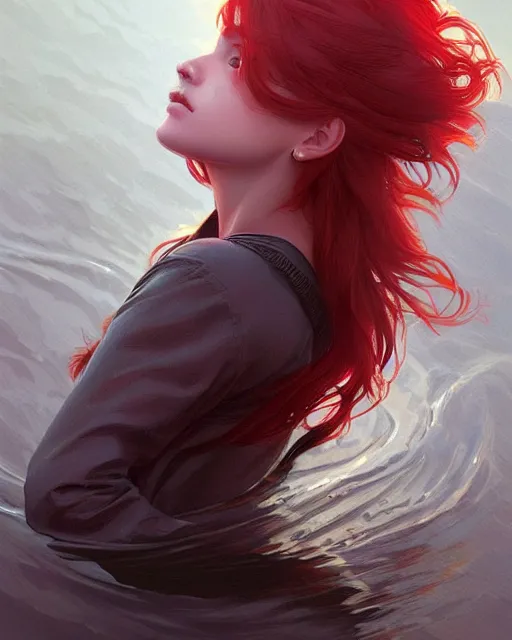 Image similar to emily rajtkowski, lake, red, highly detailed, digital painting, artstation, concept art, smooth, sharp focus, illustration, art by artgerm and greg rutkowski and alphonse mucha