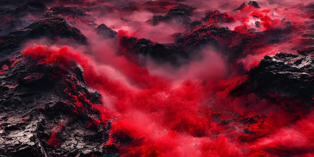 Image similar to a churning, boiling red sea with lots of smoky black and red steam, fantasy digital art, octane render, beautiful composition, trending on artstation, award-winning photograph, masterpiece