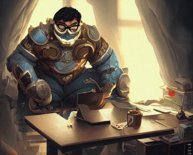 Image similar to an insanely detailed painting of a slightly chubby, nerdy asian man wearing a superhero costume and mask, sitting at a desk, staring at the nervously at the computer and typing, in the style of peter mohrbacher, dramatic lighting and composition, octane render, trending on artstation, concept art, comic book, view from behind