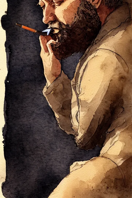 Image similar to portrait of a middle - aged writer with a beard, he is smoking a cigarette, watercolor style of greg rutkowski