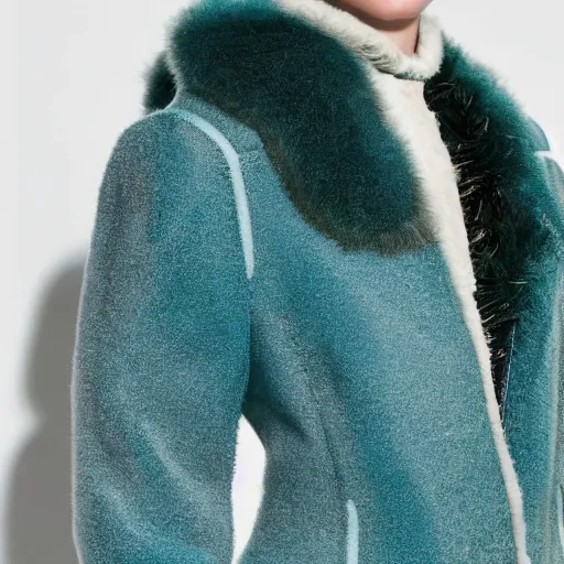 Prompt: an award - winning editorial photo of a cropped baggy medieval jacket made of very fluffy teal faux fur : : with a reflective iridescent leather oversized collar, dramatic lighting, designed by alexander mcqueen