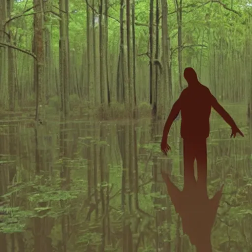 Prompt: horrific disgusting forest god walking in swamp