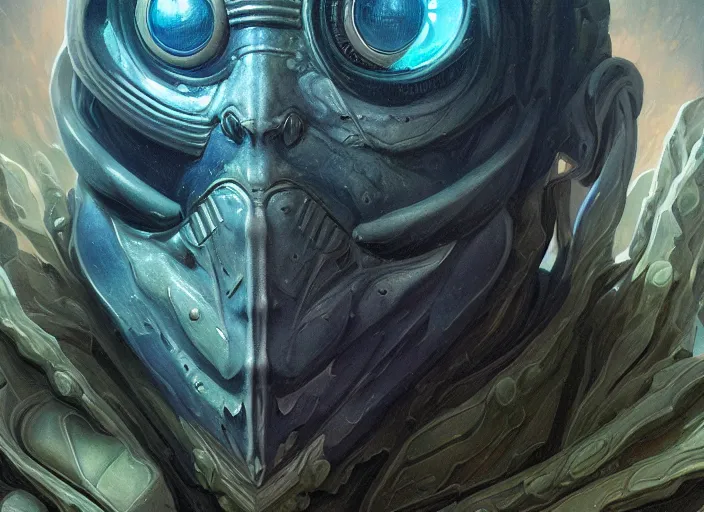 Image similar to space station mf doom reptile eyes, blue skin. intricate, elegant, highly detailed, centered, digital painting, artstation, concept art, smooth, sharp focus, illustration, artgerm, tomasz alen kopera, peter mohrbacher, donato giancola, joseph christian leyendecker, wlop, frank frazetta