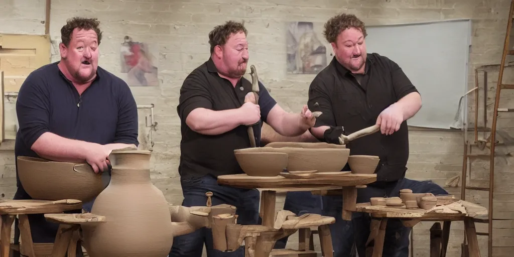 Prompt: johnny vegas making a very large clay teapot, art school, studio, wet clay, photorealistic, interview, stand up comedy, audience, stage