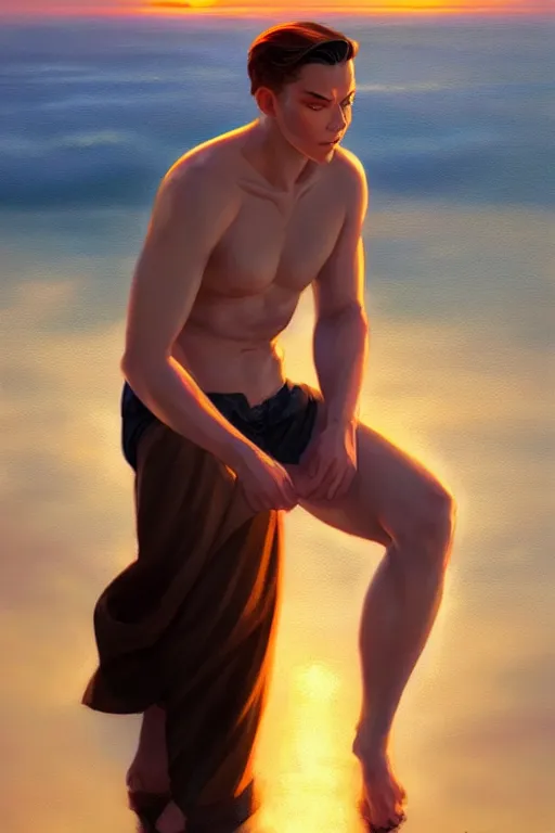 Prompt: attractive man at the sea, sunset, painting by ross tran, j. c. leyendecker, tom of finland, trending on artstation