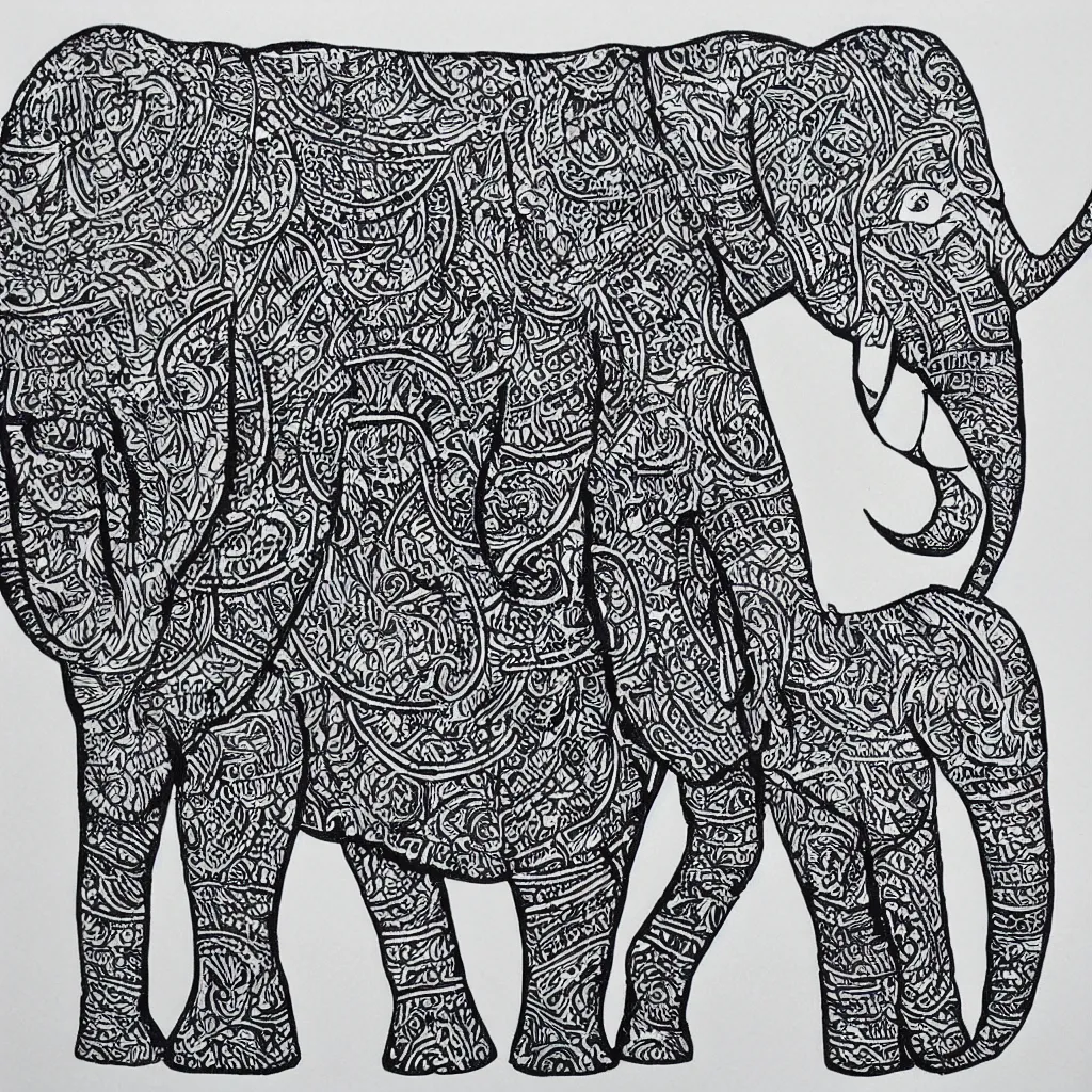 Prompt: block print elephant in the style of strawcastle, black ink on white paper