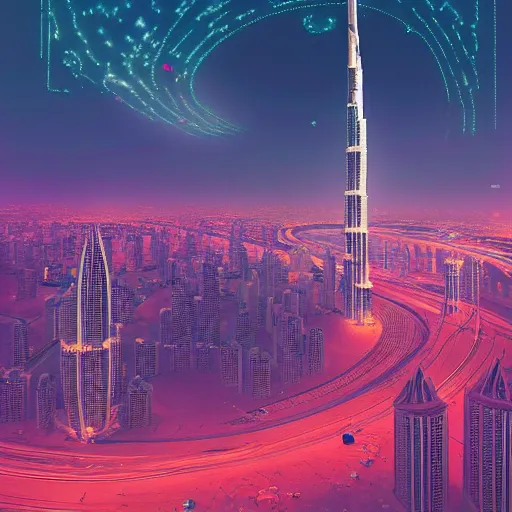 Image similar to a beautiful matte masterpiece of futuristic dubai at night by by atelier olschinsky and moebius, trending on artstation, featured on behance