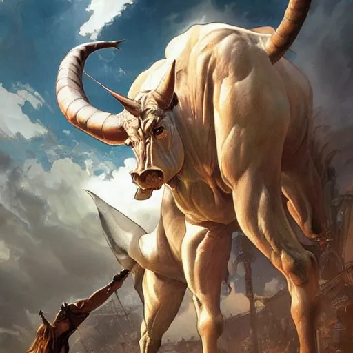 Image similar to a monstrous 40 foot tall bull-centaur, nightmare fuel, highly detailed, digital painting, artstation, concept art, sharp focus, illustration, cinematic lighting, art by artgerm and greg rutkowski and alphonse mucha