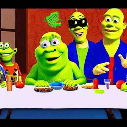 Image similar to mark zuckerberg, 3d spongebob and shrek in the last supper