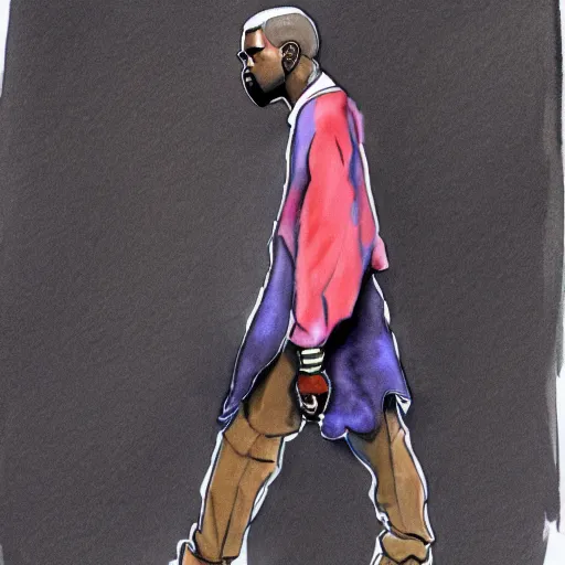 Image similar to a full body drawing of Kanye West in the style of Hideaki Anno, watercolor, animation, concept art