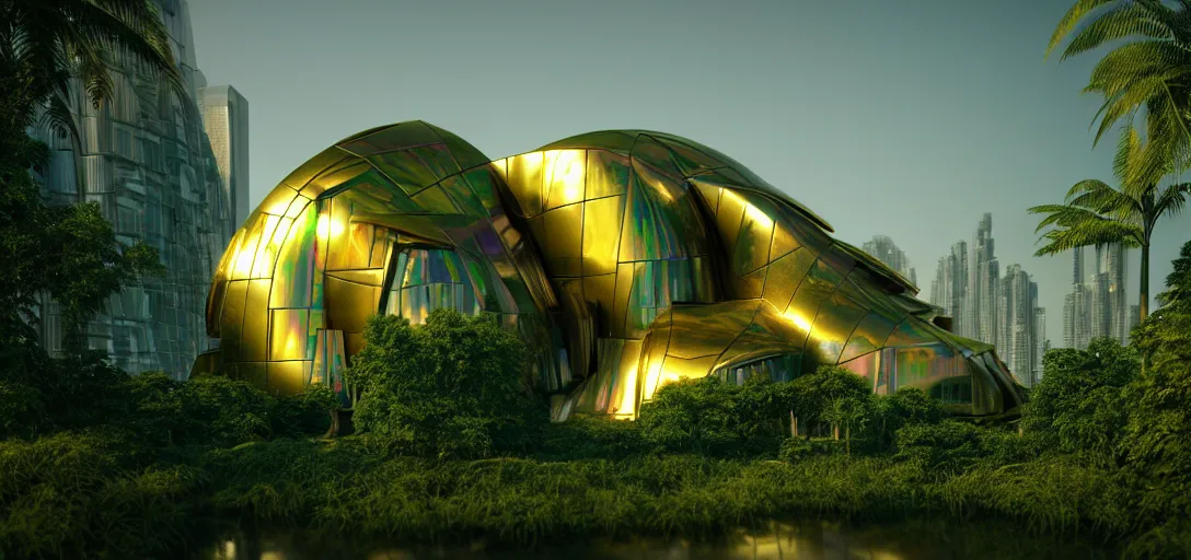 Image similar to futuristic shinny golden iridiscent mirror building in an jungle landscape of a biopunk city by frank gehry and zaha hadid, movie poster, golden ratio, evening lighting, film still, realistic, octane render redshift arnold materials unreal engine, 8 k post production, hyper detailed