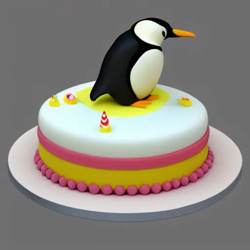 Image similar to birthday cake in the shape of a penguin. 3 d render