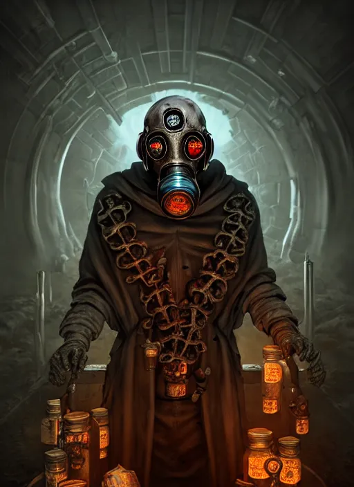 Prompt: unreal 3 d render of the old necromancer, wearing a wizard cloak, gas mask, half background is surrounded by brains inside jars, other half background is surrounded by skulls covered of rust, by tom bagshaw, hyper detailed, intricate, complex, 8 k, trending on cg society, crisp,