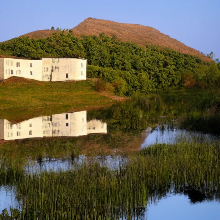 Image similar to a building in a serene landscape, щкшпфьш