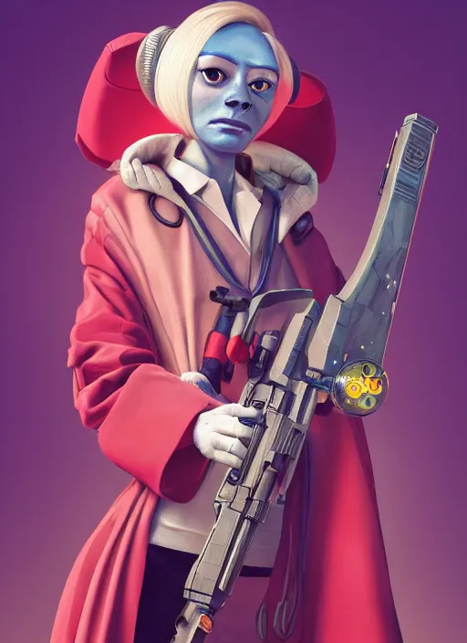 Image similar to an anthropomorphic beautiful female scientist portrait holding a science fiction sniper rifle wearing colourful robe, fine art, award winning, intricate, elegant, sharp focus, octane render, hyperrealistic, wizard hat cinematic lighting, highly detailed, digital painting, 8 k concept art, art by jamie hewlett and z. w. gu, masterpiece, trending on artstation, 8 k