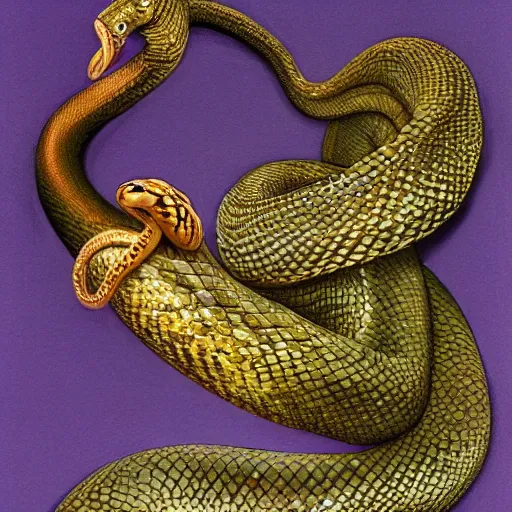 Prompt: cubic zirconia by john howe, by hal foster hideous. a beautiful photograph of a snake eating its own tail that seems to go on forever.