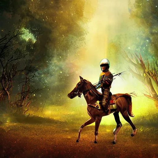 Image similar to arrows struck astronaut riding a horse in a fantasy forest, landscape, morning ambience, cinematic, digital art, front lit, epic, cinematic