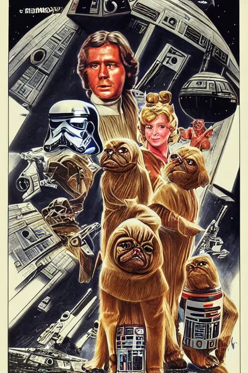 Image similar to vintage 1 9 7 7 star wars episode iv a new hope movie poster by tom jung, with pug droids, pug darth vader, and pugs instead of people