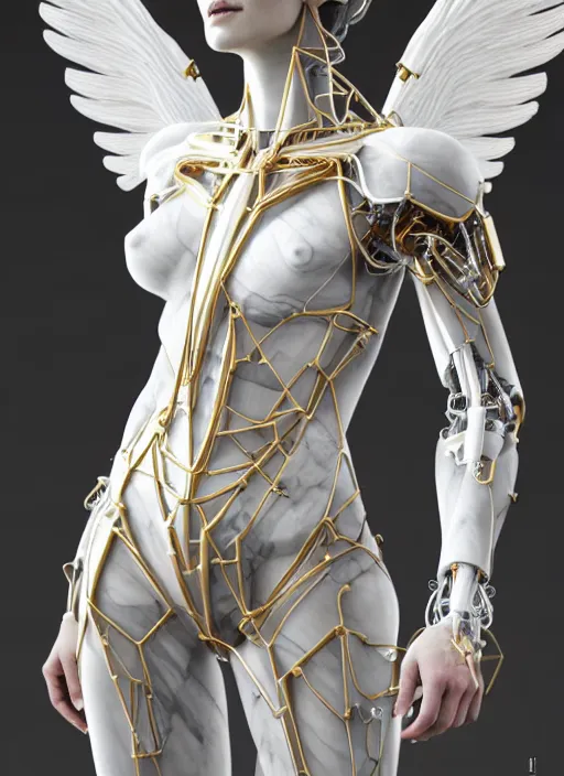 Image similar to a statue made of white marble with gold veins, of an beautiful gorgeous futuristic cybernetic angel girl, prostheses, transhumanism, full body shot, perfect symmetrical body, perfect symmetrical face, hyper realistic, hyper detailed, by johannen voss, by peter kemp, by monia merlo, by michelangelo, octane render, blender, 8 k