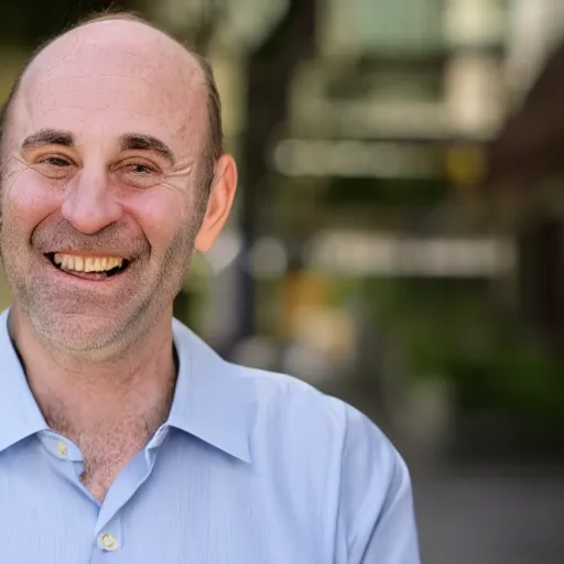 Image similar to color photograph of a balding middle aged brown haired hairy blue eyed round faced Jewish short white man dressed in a white shirt, grey pants and black dress shoes smiling at the camera with closed lips