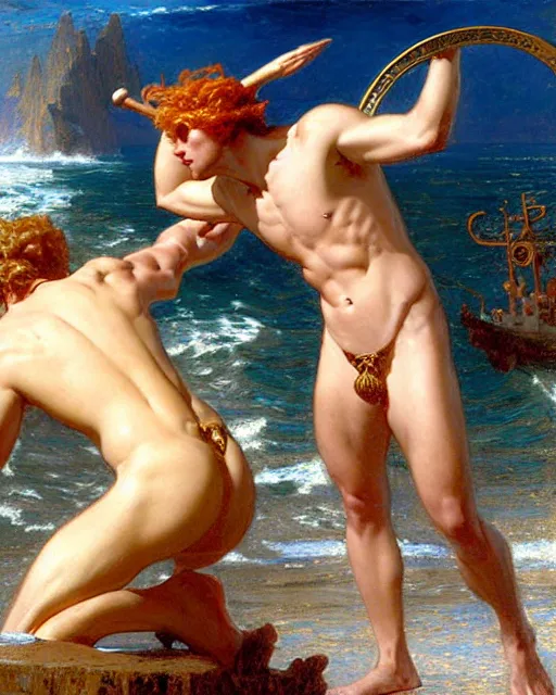 Prompt: attractive god neptune arguing with handsome god poseidon about who rules the oceans, painting by gaston bussiere, craig mullins, j. c. leyendecker,