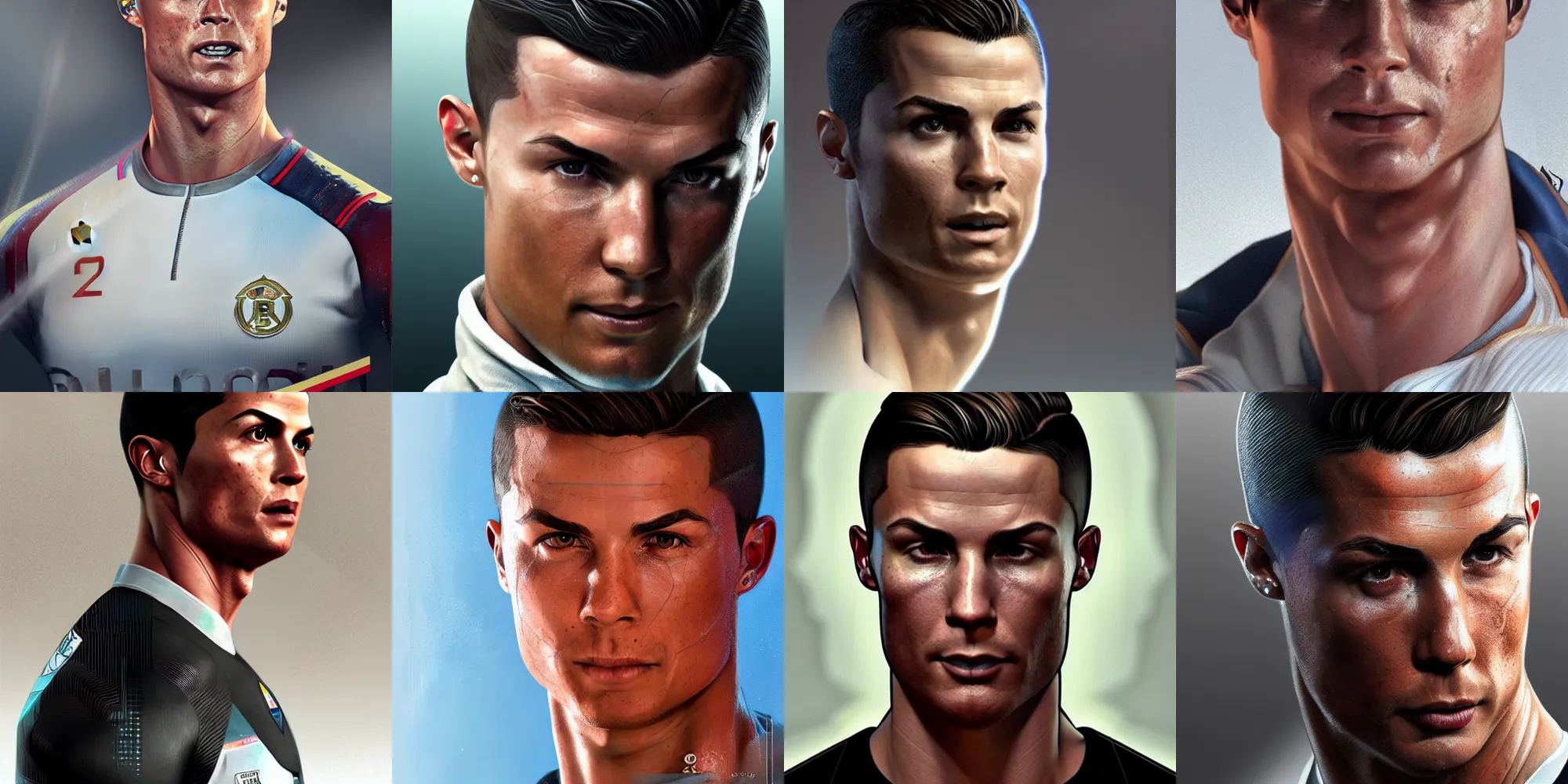Prompt: Cristiano Ronaldo doll from Detroit: Become Human, half body portrait, videogame cover art, highly detailed, digital painting, artstation, concept art, smooth, sharp focus, illustration, art by Artgerm and greg rutkowski and alphonse mucha