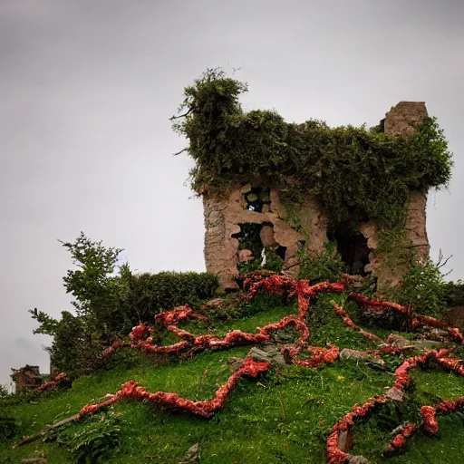 Image similar to the ruins of a village made out of stone on top of a cloud, overgrown with red vines, with a broken stone statue of a man in the middle of the ruins