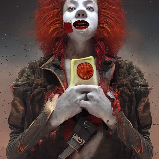 Prompt: Very very very very highly detailed epic central composition photo of Ronald McDonald face, intricate, dystopian, sci-fi, extremely detailed, digital painting, smooth, sharp focus, illustration, intimidating lighting, incredible art by Brooke Shaden, artstation, concept art, Octane render in Maya and Houdini