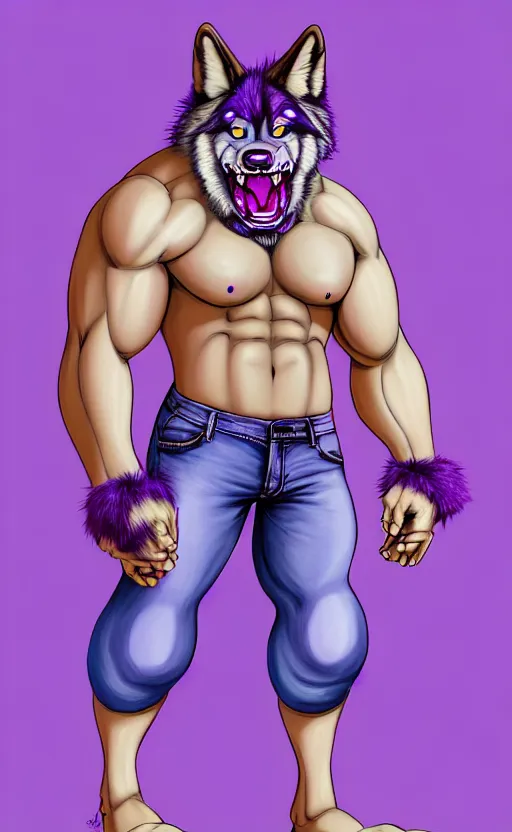 Image similar to painting of an anthropomorphic bulky muscular purple wolf, furry style, wearing jeans, deviant art, fursona, professional furry drawing, insanely detailed, bulky wolf - like face with dragon features, doing a pose from jojo's bizarre adventure, detailed veiny muscles, exaggerated features, beautiful shading, huge teeth, grinning, colorful background