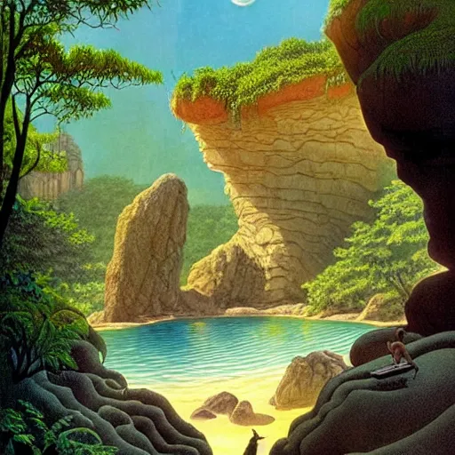 Image similar to Fantasy illustration by Clyde Caldwell You step to the edge of the rocky opening and peer over. You see a tranquil pool of water and a sandy beach 20 feet below. The opening’s bottom leads to a cave, its verdant flora a stark contrast to the rocky sides. You hear chirruping animals sounds emanating from the opening.