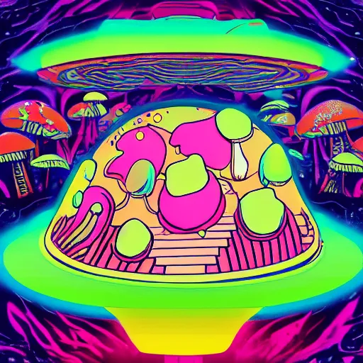 Image similar to mushrooms in the place of flying saucers, hallucinogenic, psychedelics, enhanced vision, vaporwave, future funk, japanese - inspired