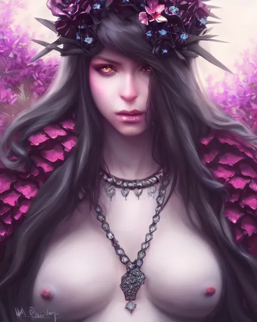 Image similar to dark angel surrounded by dark flowers and diamonds, very detailed, realistic face, detailed face, matte, tonemapping, bbwchan, perfection, 4 k, cushart krenz